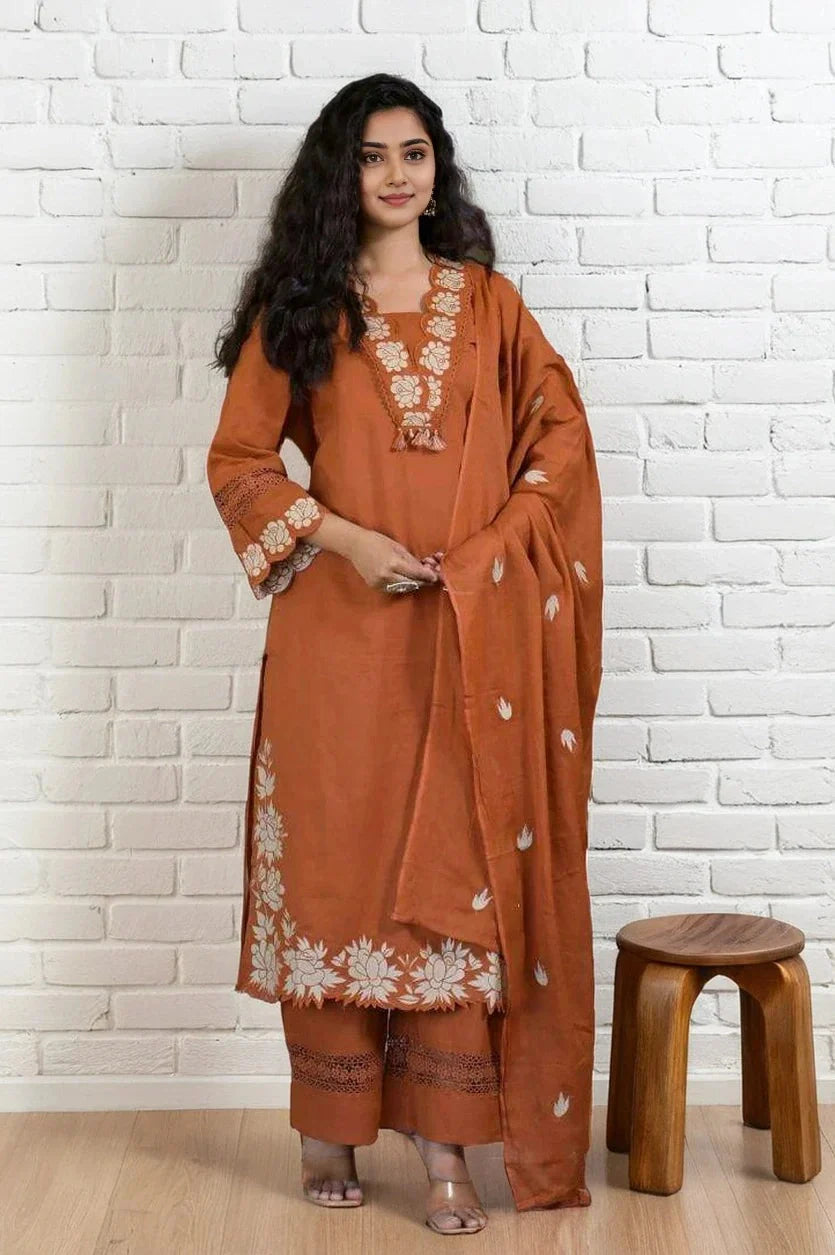 Rusty Orange Embroidered Cotton Kurta Set with Dupatta for Women