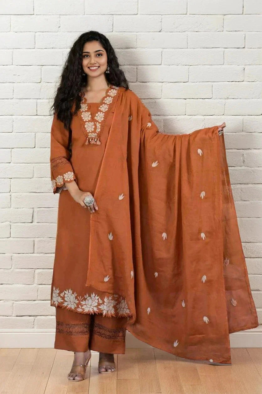 Rusty Orange Embroidered Cotton Kurta Set with Dupatta for Women