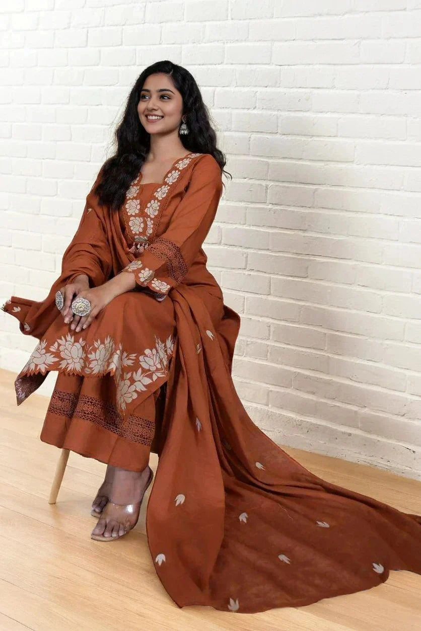 Rusty Orange Embroidered Cotton Kurta Set with Dupatta for Women