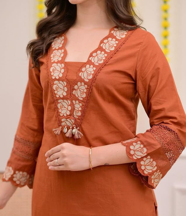 Rusty Orange Embroidered Cotton Kurta Set with Dupatta for Women