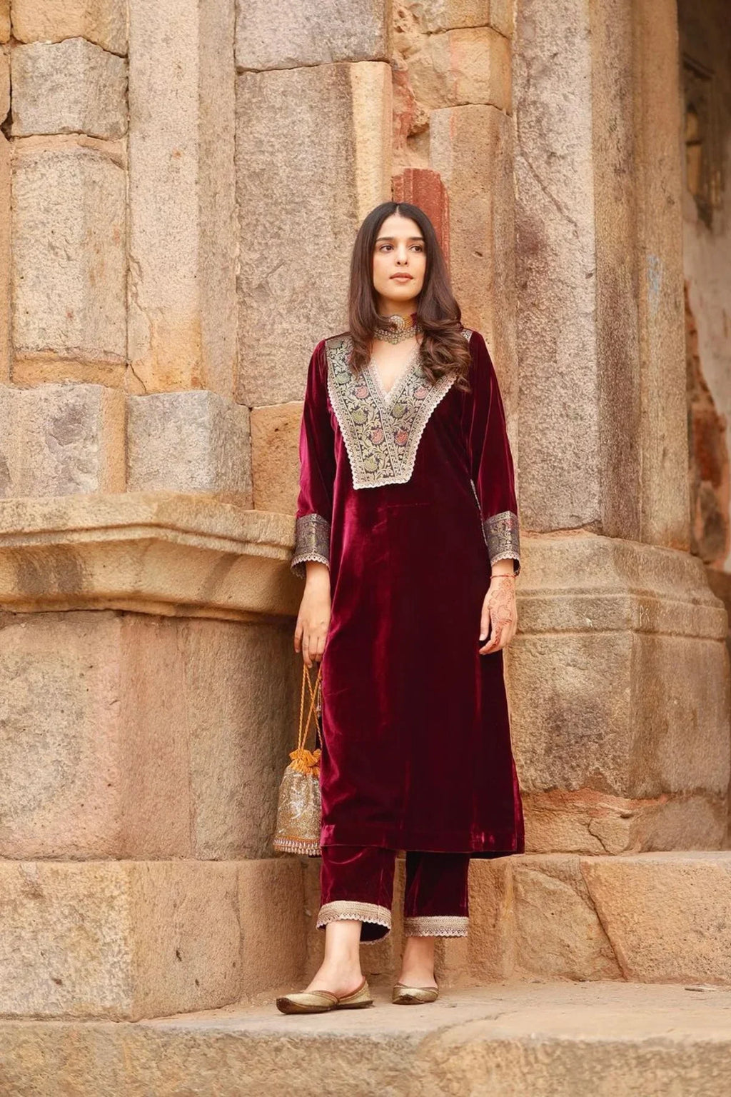 Burgundy Velvet Embroidered Straight Kurta Set for Women