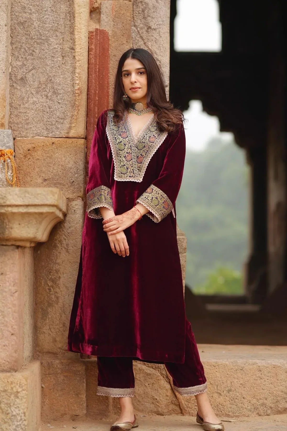 Burgundy Velvet Embroidered Straight Kurta Set for Women