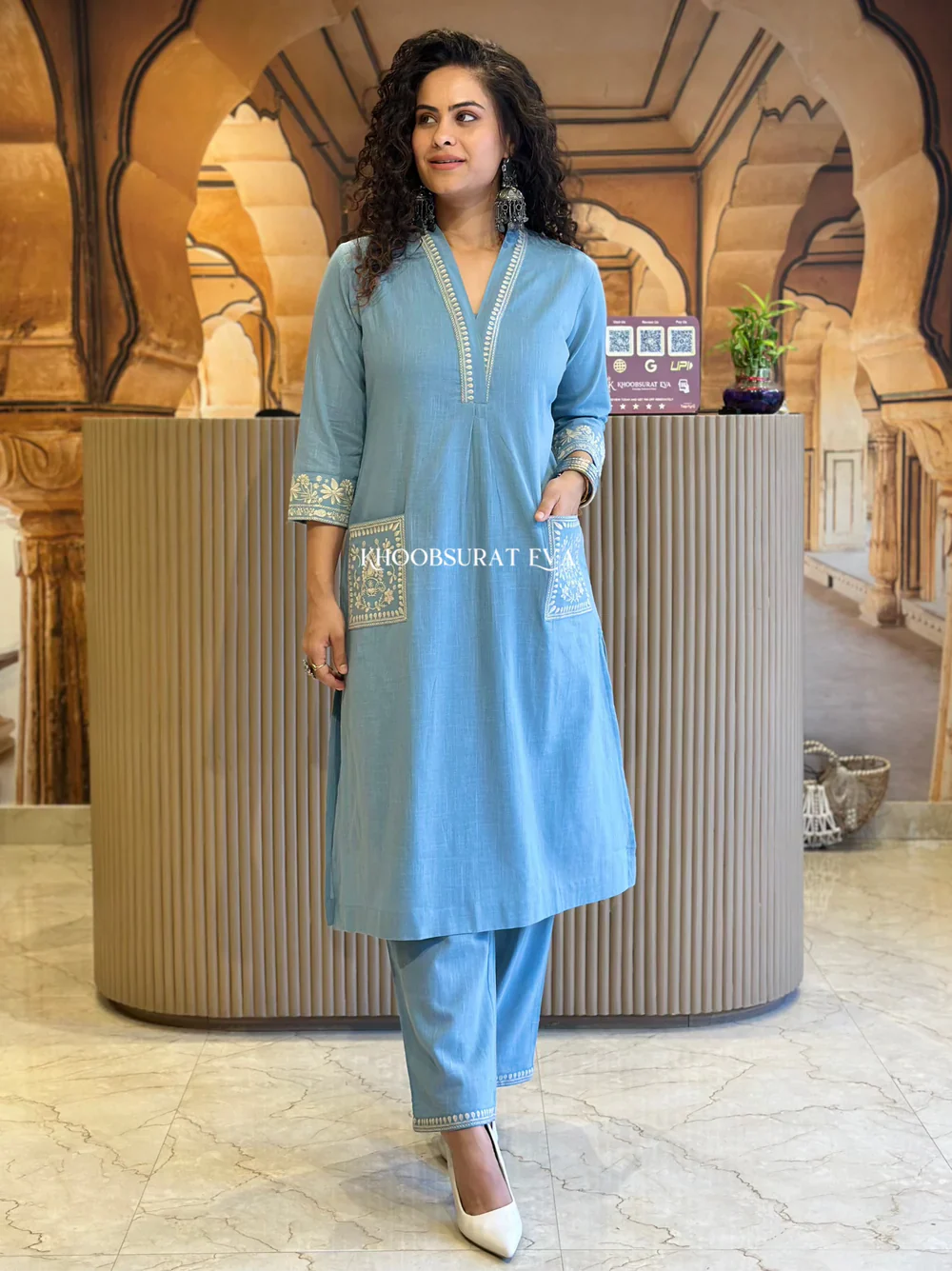 Light Blue Pure Cotton Embroidery Kurta and Pant Set for women's
