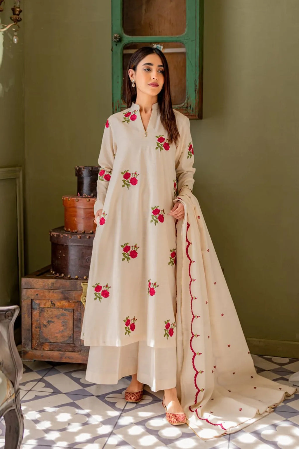 Beautiful Cream Women Kurta and Palazo With Dupatta