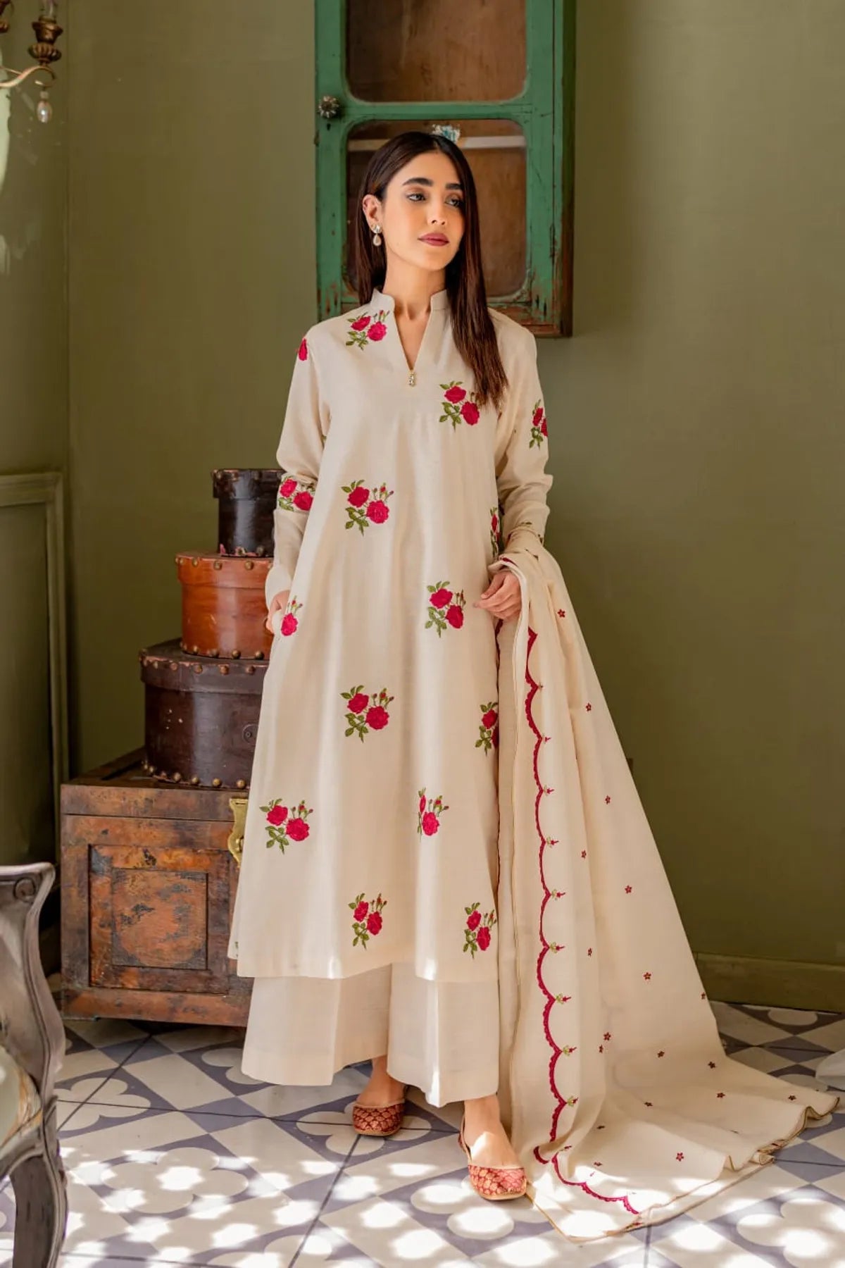 Beautiful Cream Women Kurta and Palazo With Dupatta