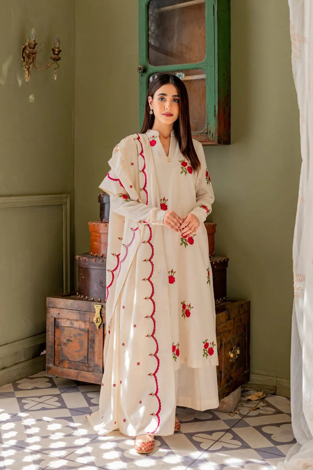 Beautiful Cream Women Kurta and Palazo With Dupatta