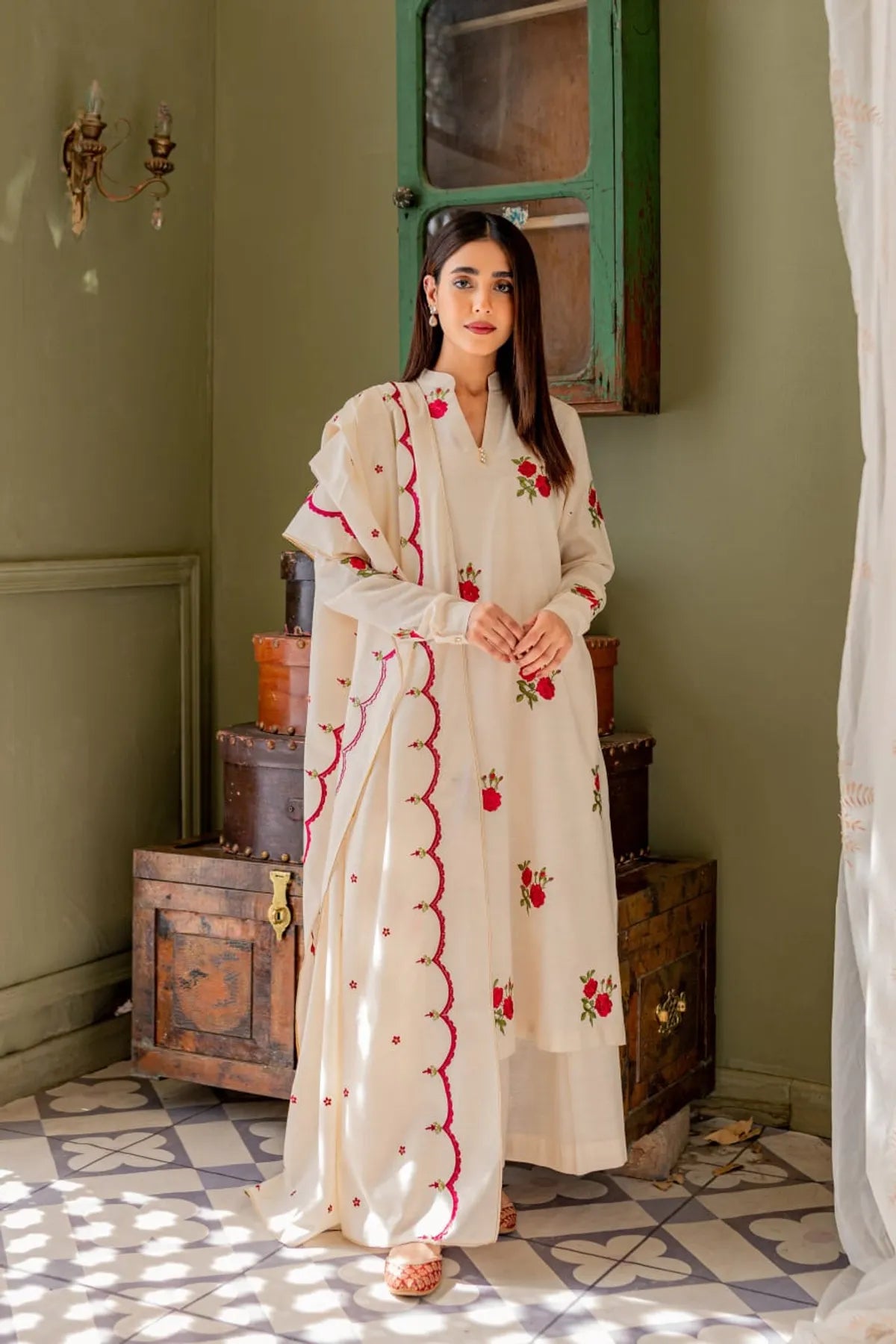 Beautiful Cream Women Kurta and Palazo With Dupatta