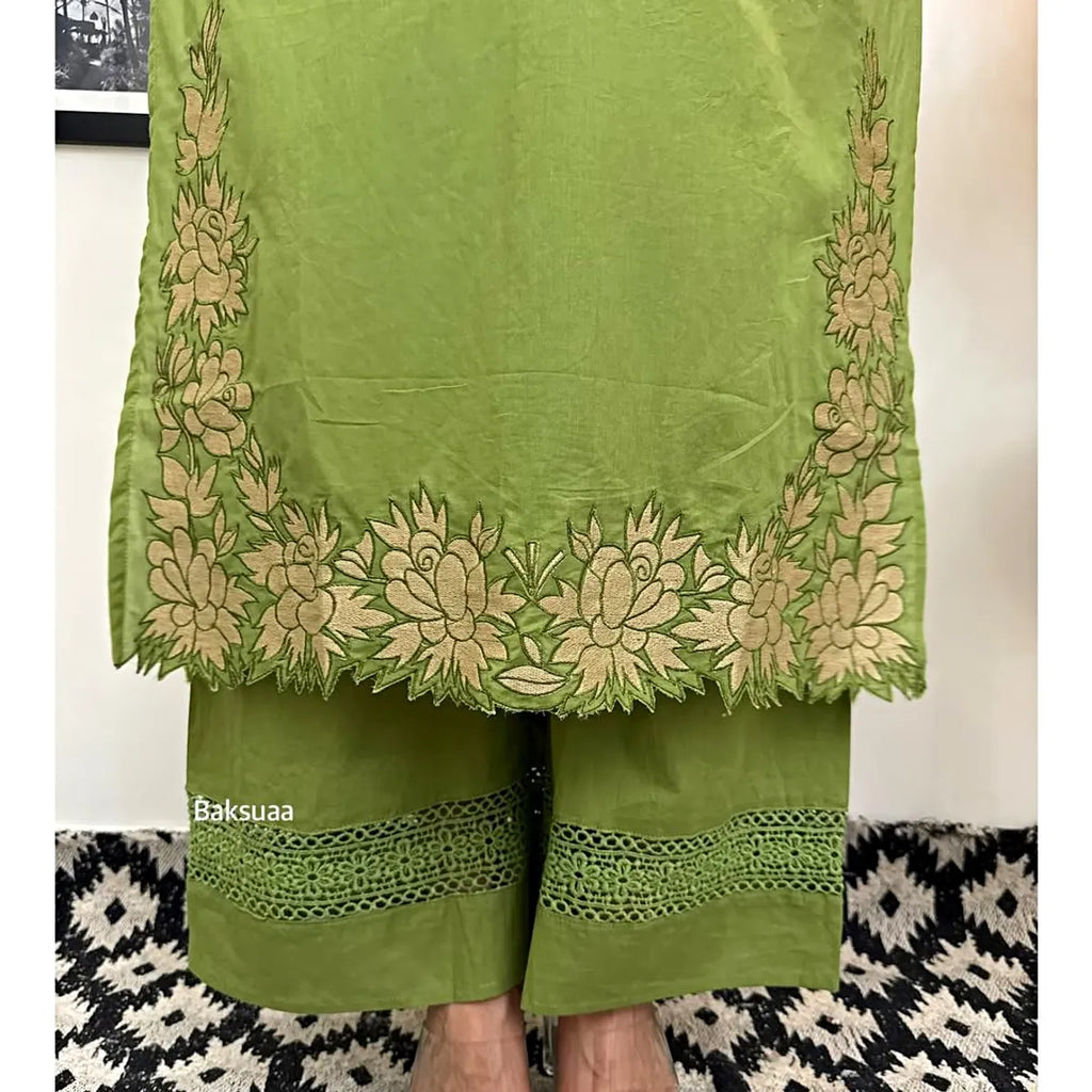 Leaf Green Embroidered Cotton Kurta Set with Dupatta for Women