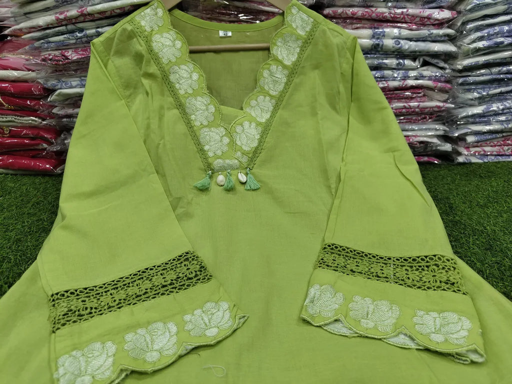Leaf Green Embroidered Cotton Kurta Set with Dupatta for Women