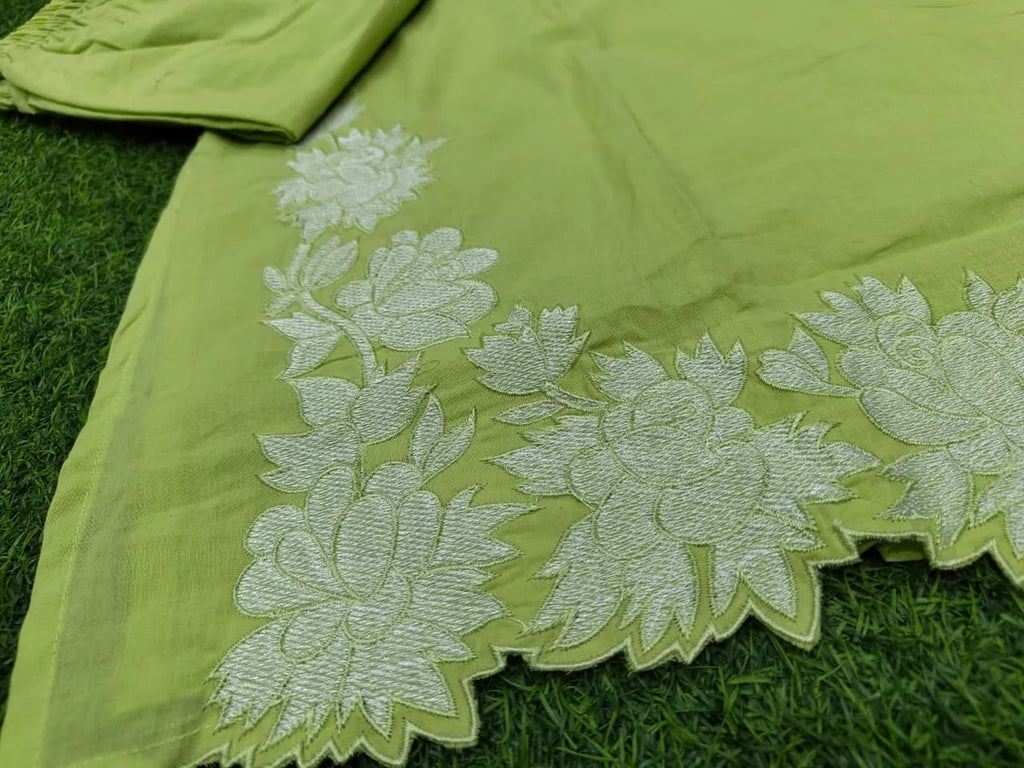 Leaf Green Embroidered Cotton Kurta Set with Dupatta for Women
