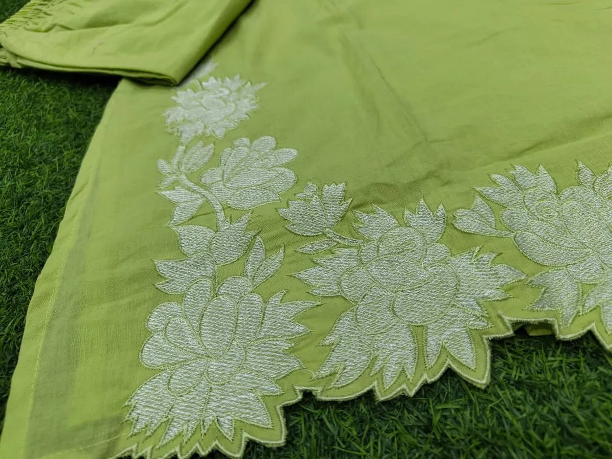 Leaf Green Embroidered Cotton Kurta Set with Dupatta for Women