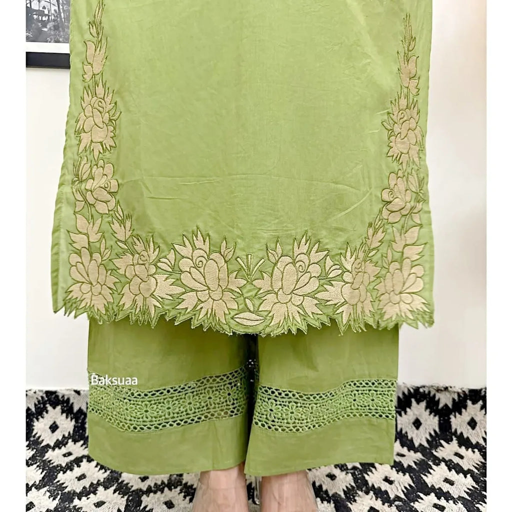 Leaf Green Embroidered Cotton Kurta Set with Dupatta for Women