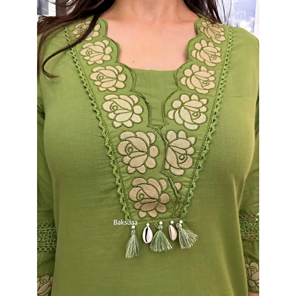 Leaf Green Embroidered Cotton Kurta Set with Dupatta for Women