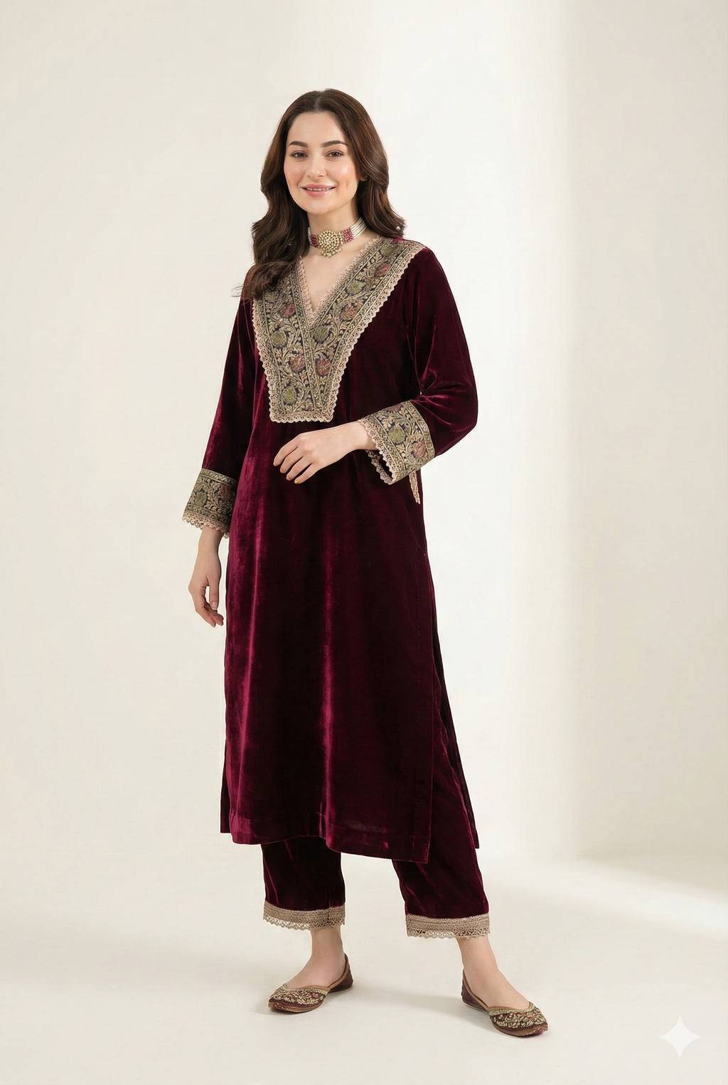 Burgundy Velvet Embroidered Straight Kurta Set for Women