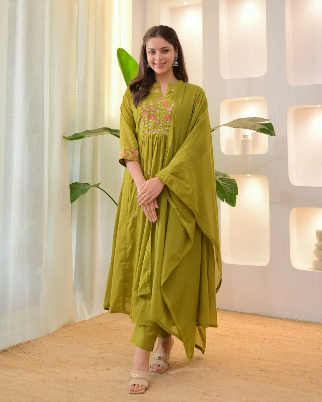 Olive Green Embroidered Cotton Anarkali Kurta Set with Dupatta for Women