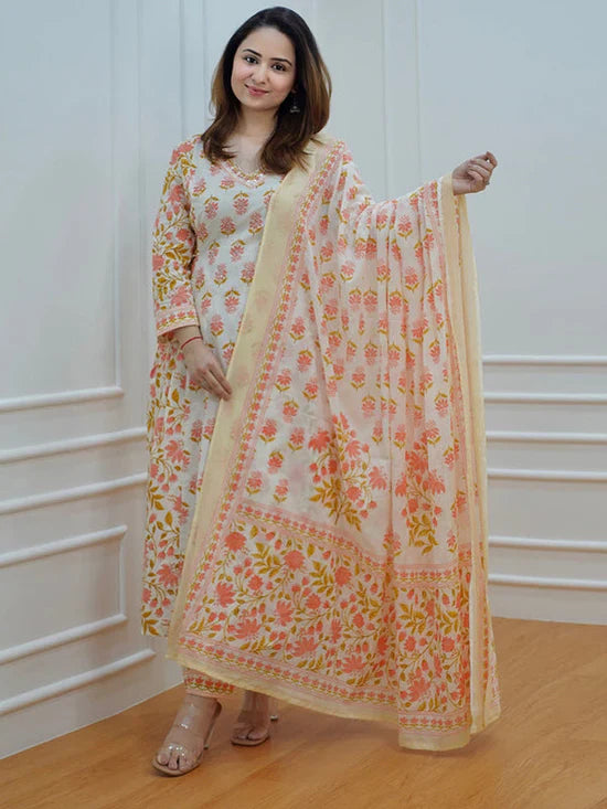 Orange Cotton Handwork Afghani Kurti With Pant & Dupatta Set