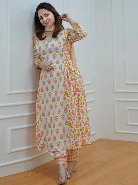 Orange Cotton Handwork Afghani Kurti With Pant & Dupatta Set