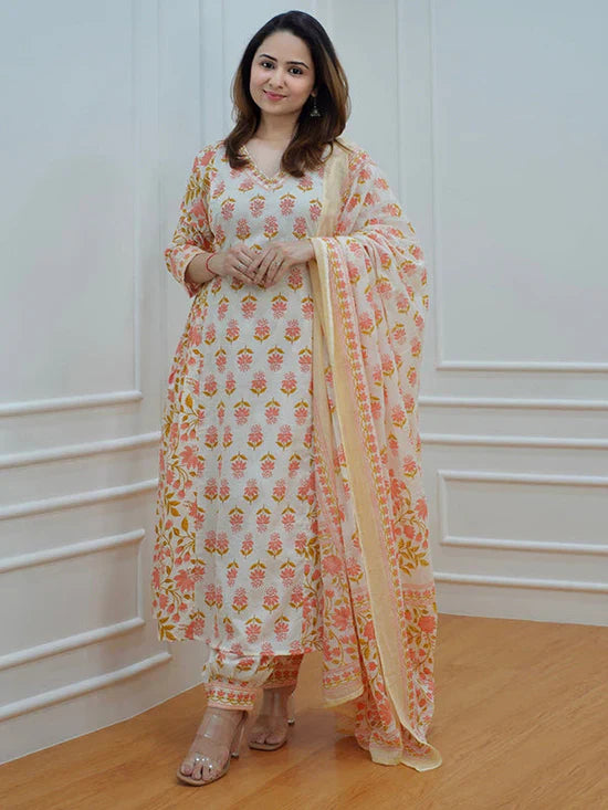 Orange Cotton Handwork Afghani Kurti With Pant & Dupatta Set