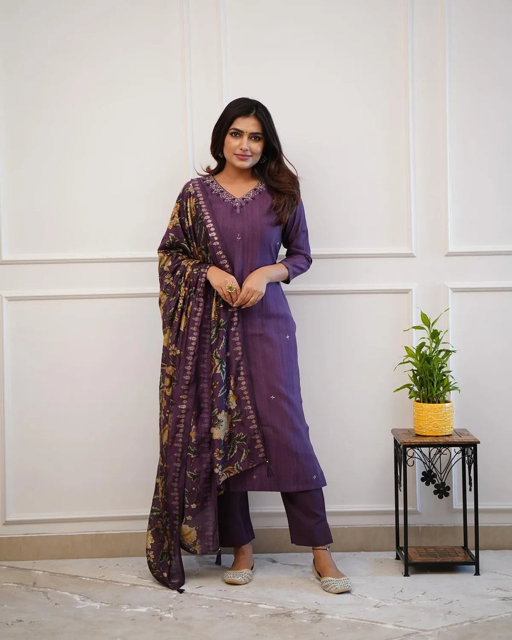 Beautiful Embroidery Work Purple Kurta and Pant With Dupatta