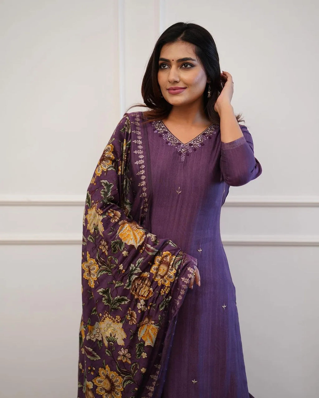 Beautiful Embroidery Work Purple Kurta and Pant With Dupatta