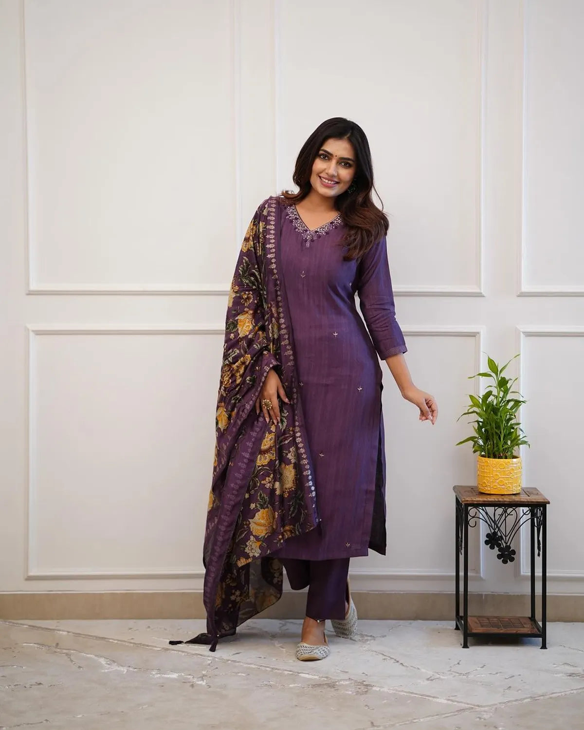 Beautiful Embroidery Work Purple Kurta and Pant With Dupatta