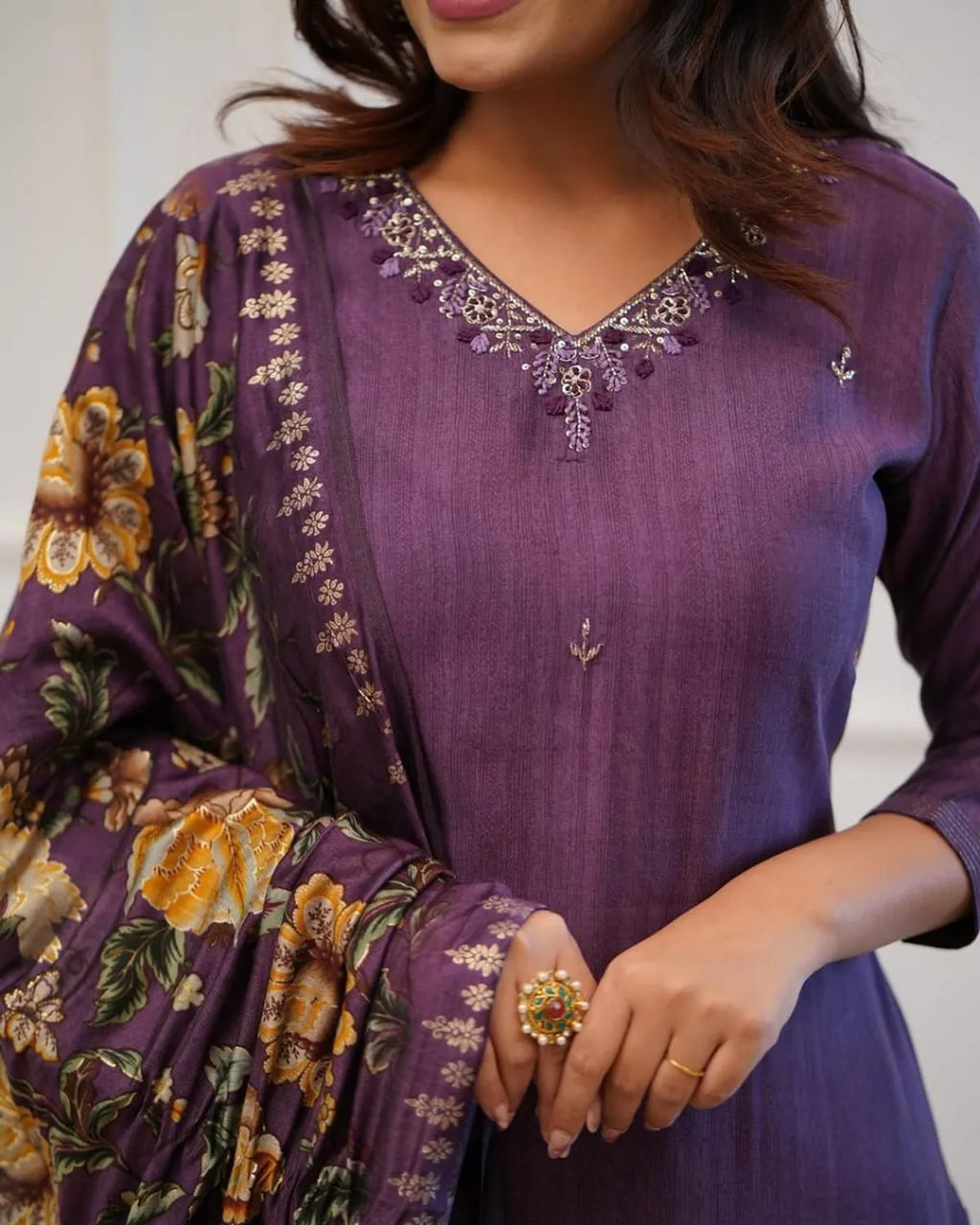 Beautiful Embroidery Work Purple Kurta and Pant With Dupatta