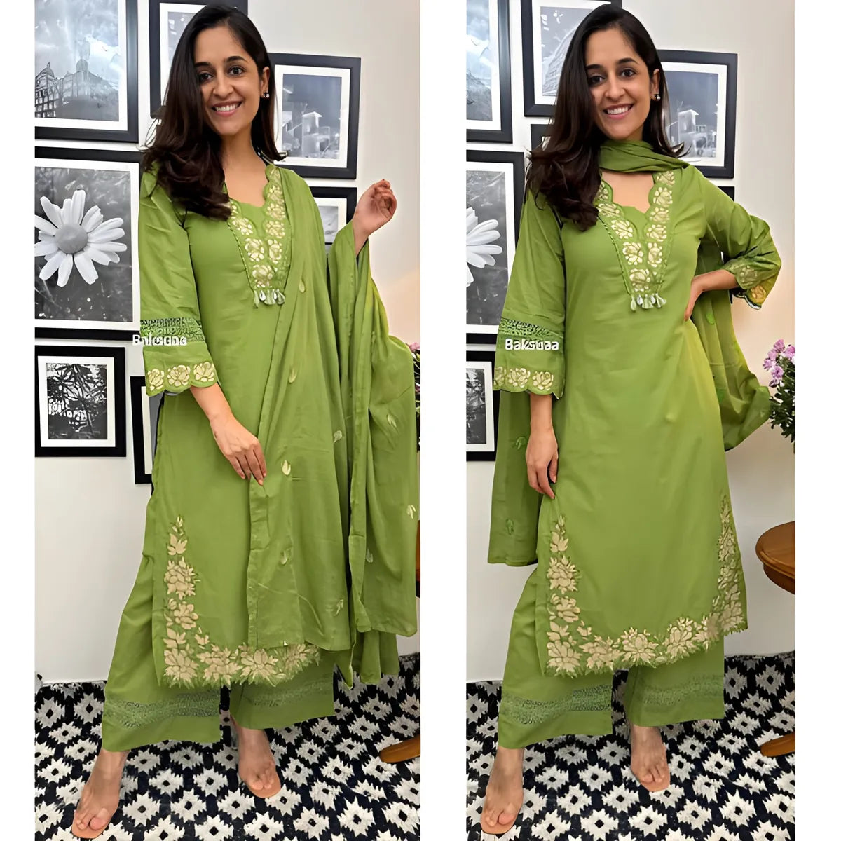 Leaf Green Embroidered Cotton Kurta Set with Dupatta for Women