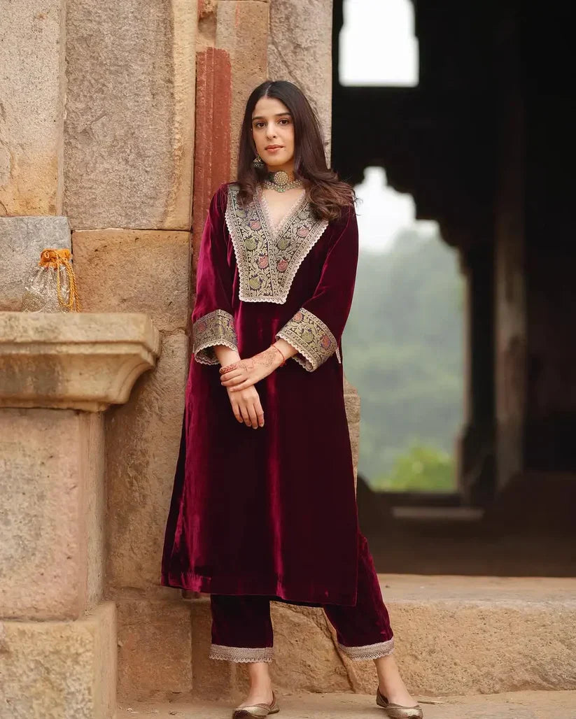 Burgundy Velvet Embroidered Straight Kurta Set for Women
