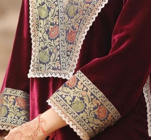 Burgundy Velvet Embroidered Straight Kurta Set for Women