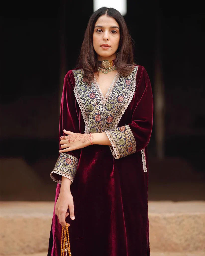 Burgundy Velvet Embroidered Straight Kurta Set for Women