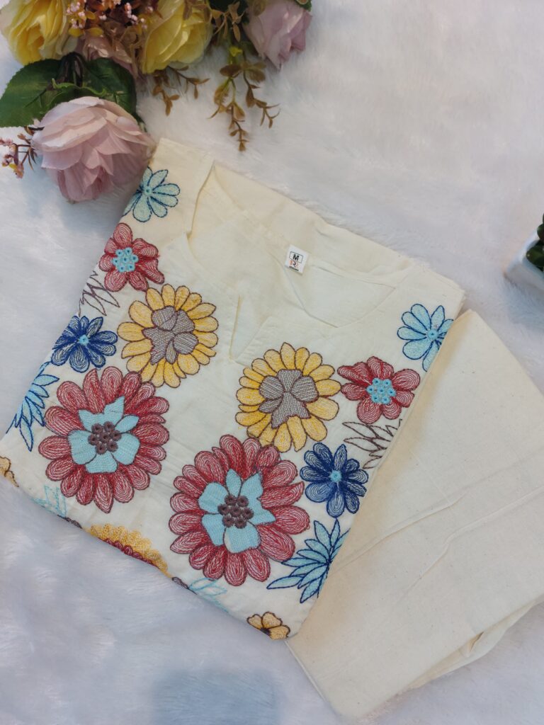 Off-white Khadi Cotton Suit Set for Women – Heavy Embroidery