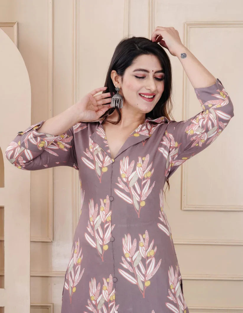 Grey Digital Print Rayon Cord Set with Pockets