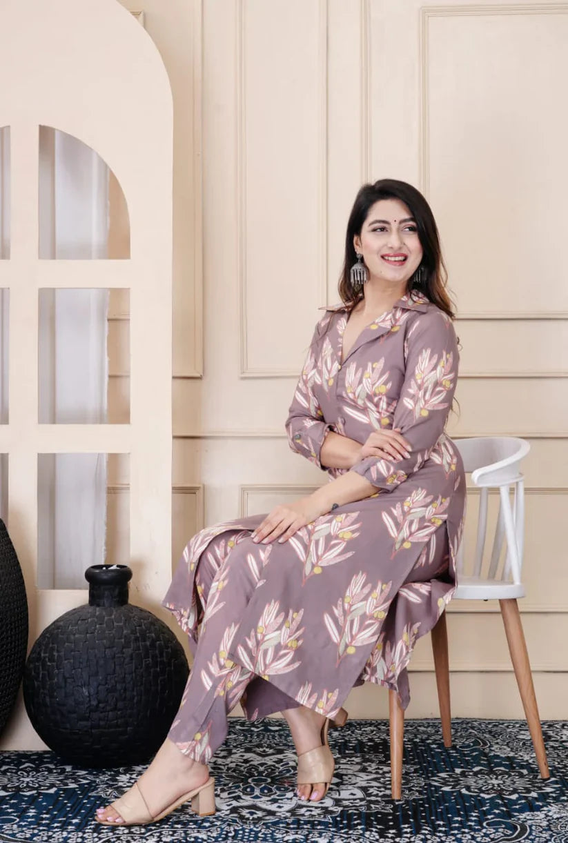 Grey Digital Print Rayon Cord Set with Pockets