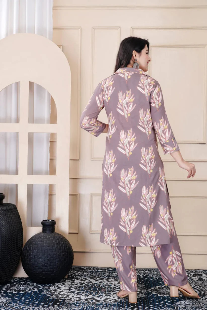 Grey Digital Print Rayon Cord Set with Pockets