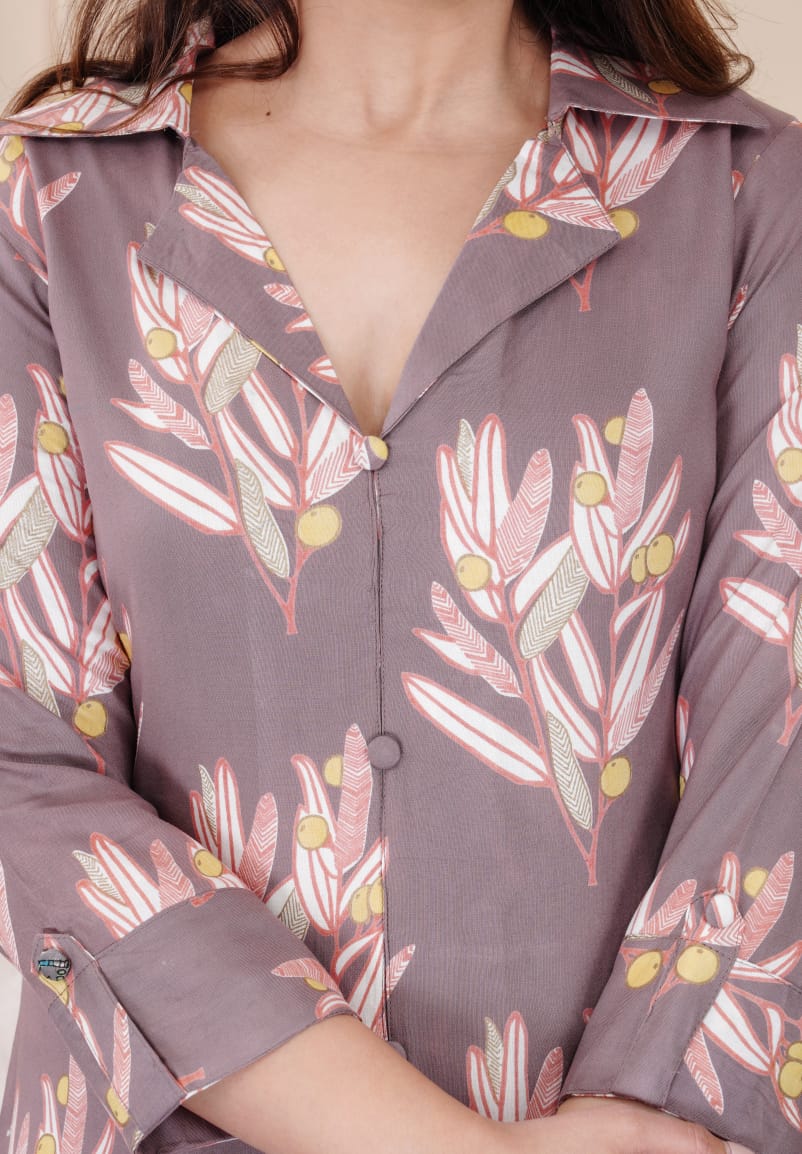 Grey Digital Print Rayon Cord Set with Pockets