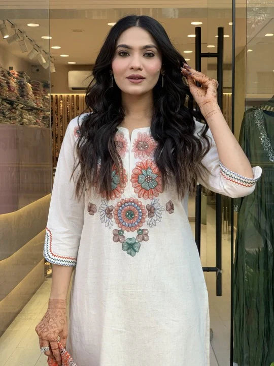 Off-white Khadi Cotton Suit Set for Women – Heavy Embroidery