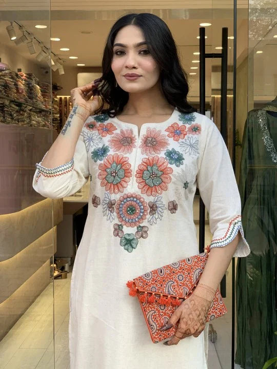 Off-white Khadi Cotton Suit Set for Women – Heavy Embroidery