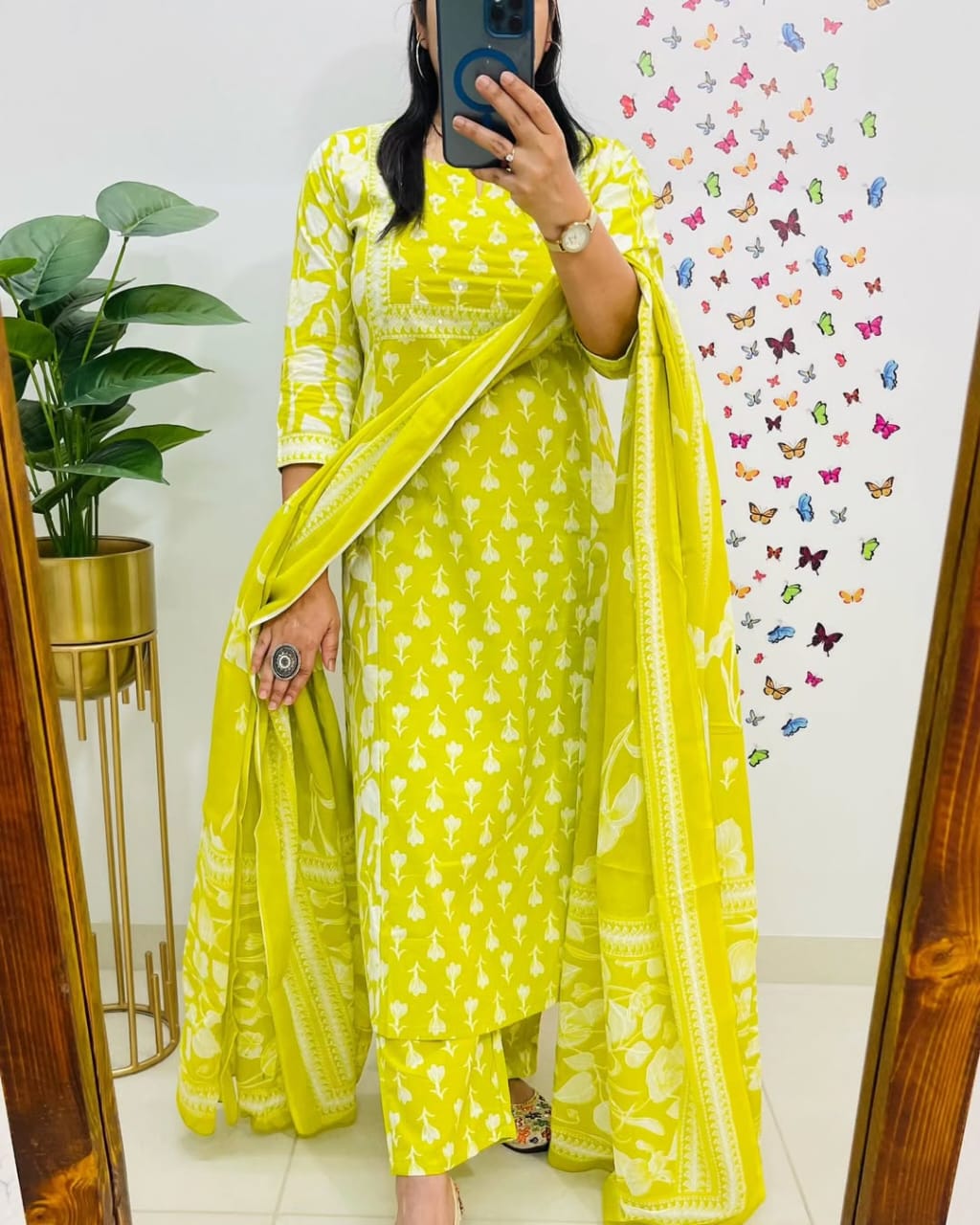 Yellow Printed Cotton  Straight Kurta Suit With Dupatta