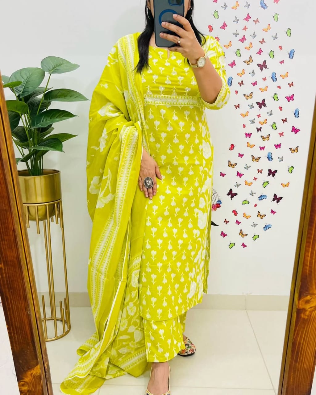 Yellow Printed Cotton  Straight Kurta Suit With Dupatta