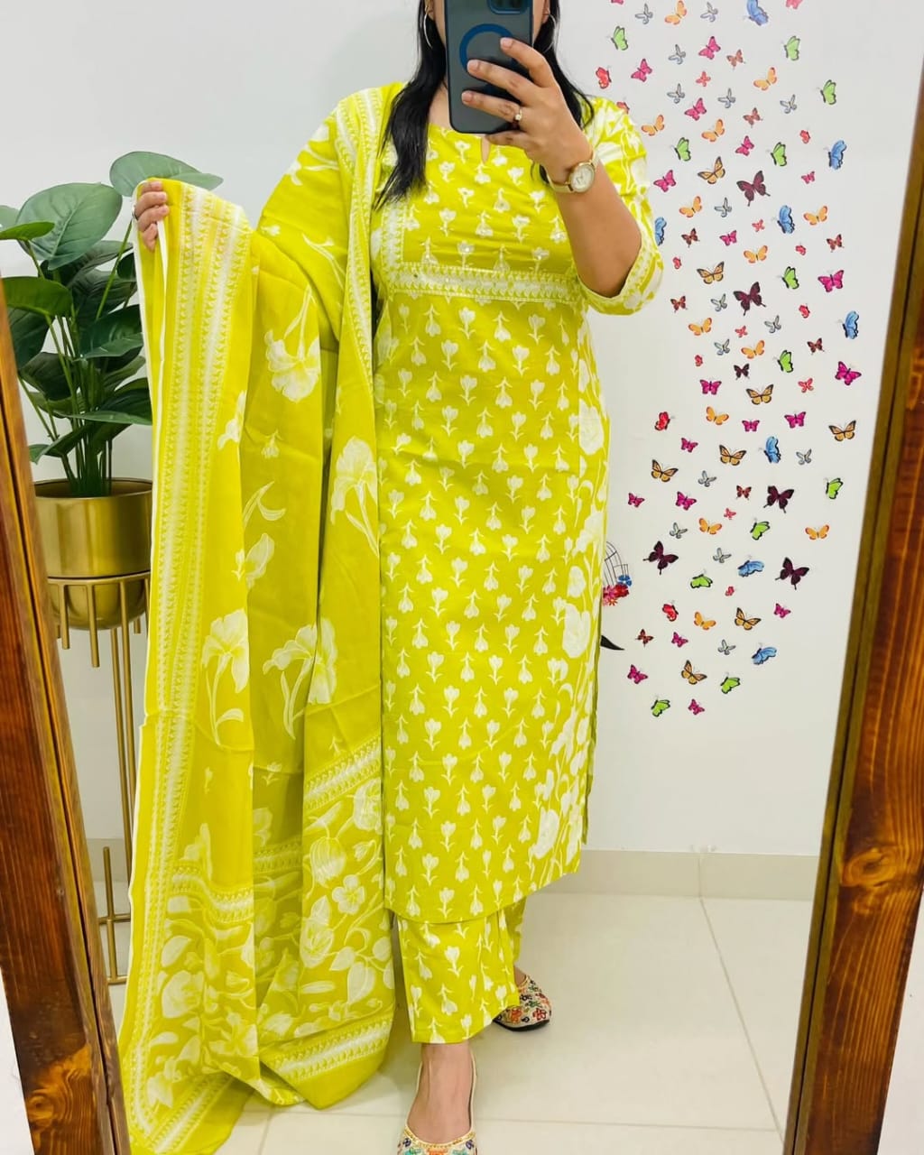 Yellow Printed Cotton  Straight Kurta Suit With Dupatta
