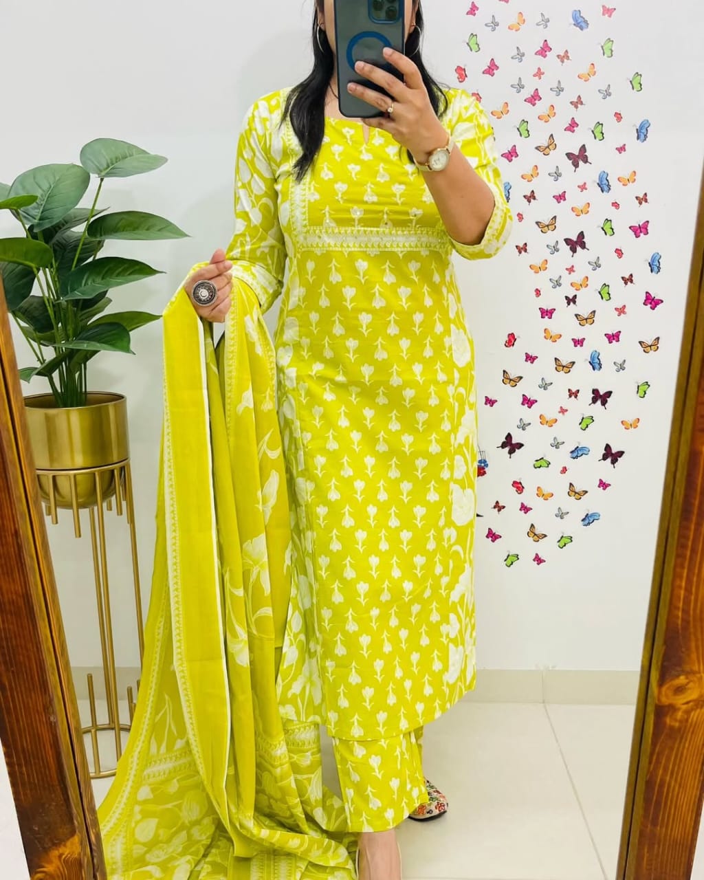 Yellow Printed Cotton  Straight Kurta Suit With Dupatta