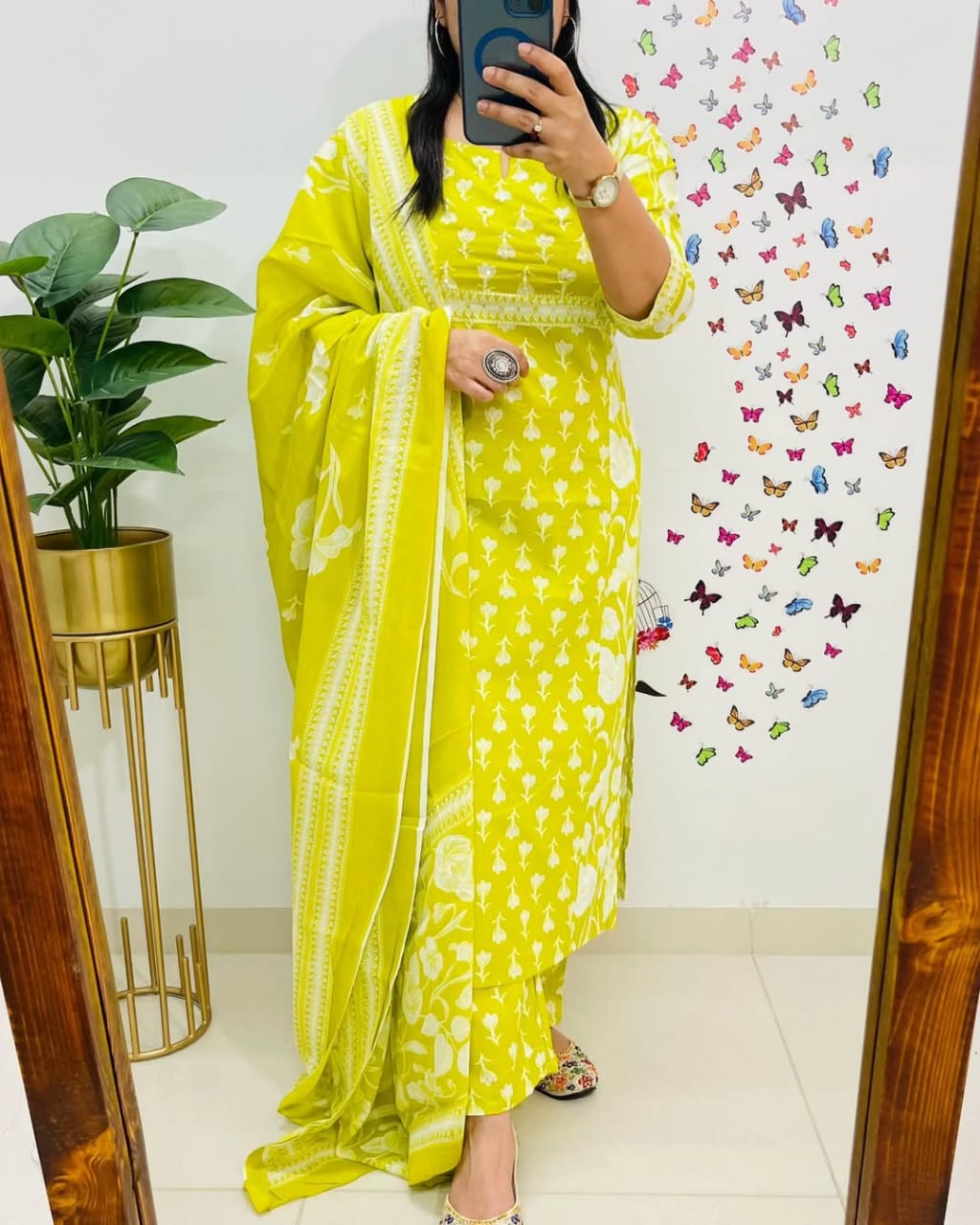 Yellow Printed Cotton  Straight Kurta Suit With Dupatta