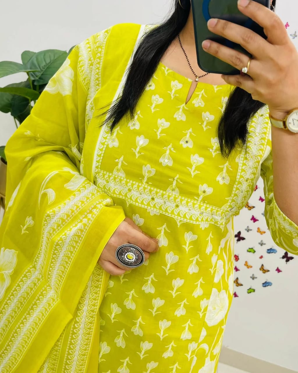 Yellow Printed Cotton  Straight Kurta Suit With Dupatta