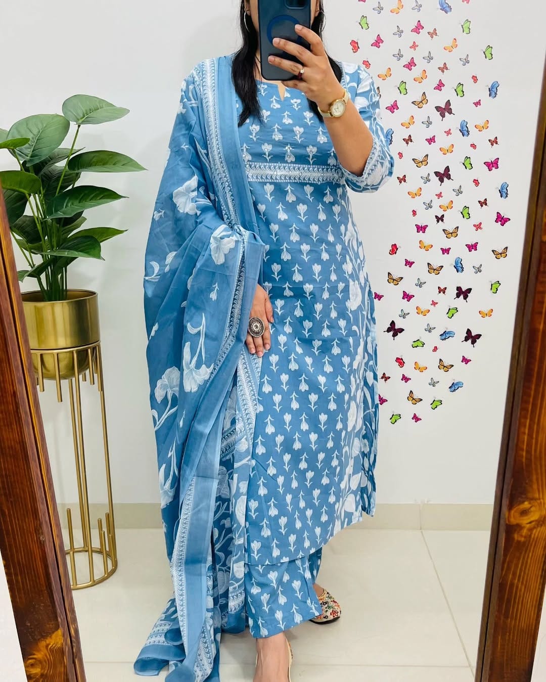 Sky Blue Cotton Kurta Pant With Dupatta