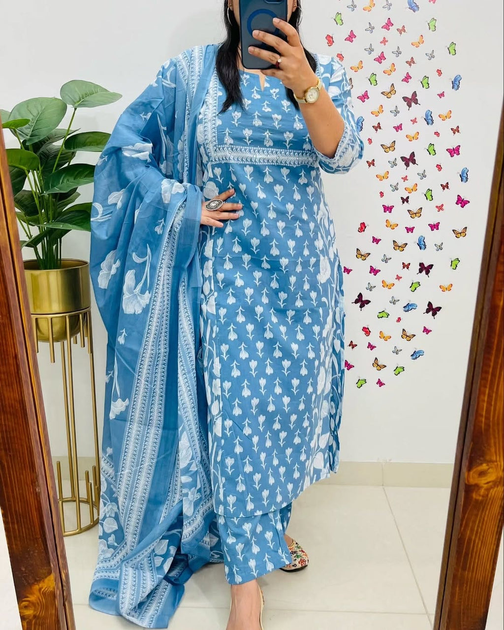 Sky Blue Cotton Kurta Pant With Dupatta
