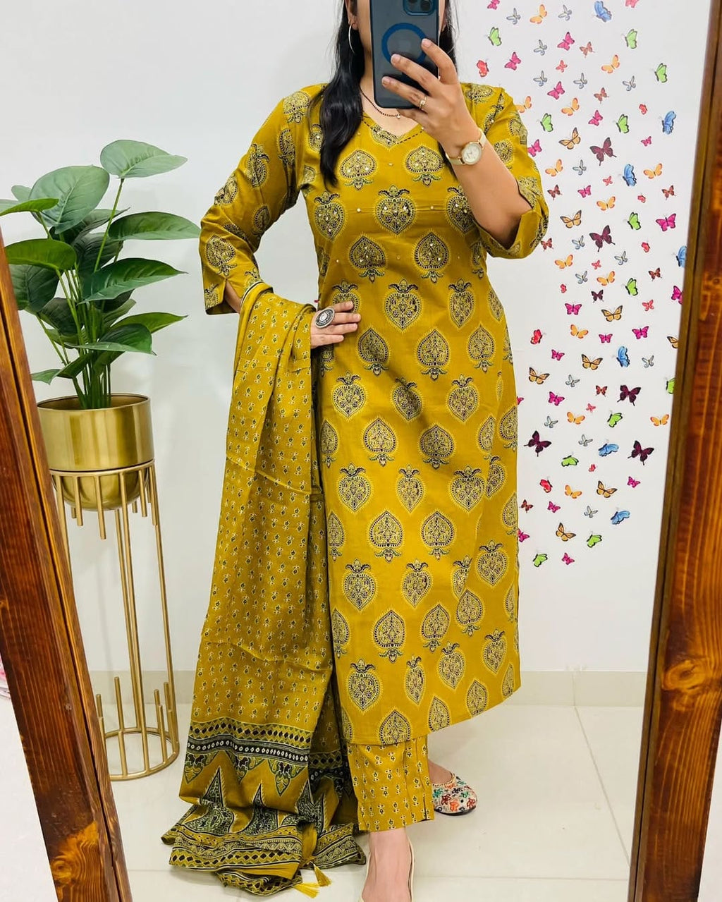 Mustard Yellow Printed Cotton  Straight Kurta Suit With Dupatta