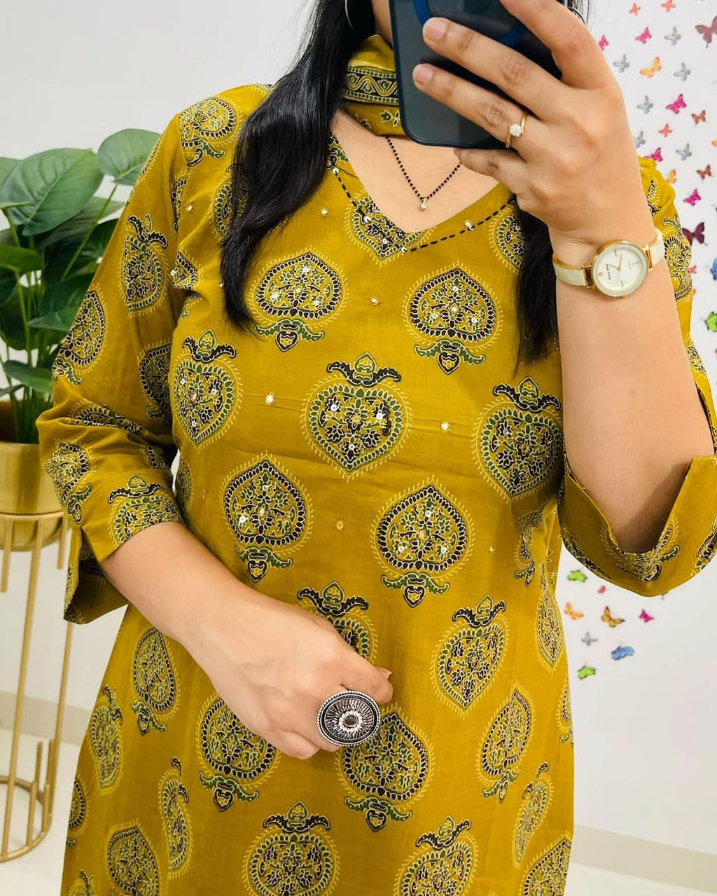 Mustard Yellow Printed Cotton  Straight Kurta Suit With Dupatta