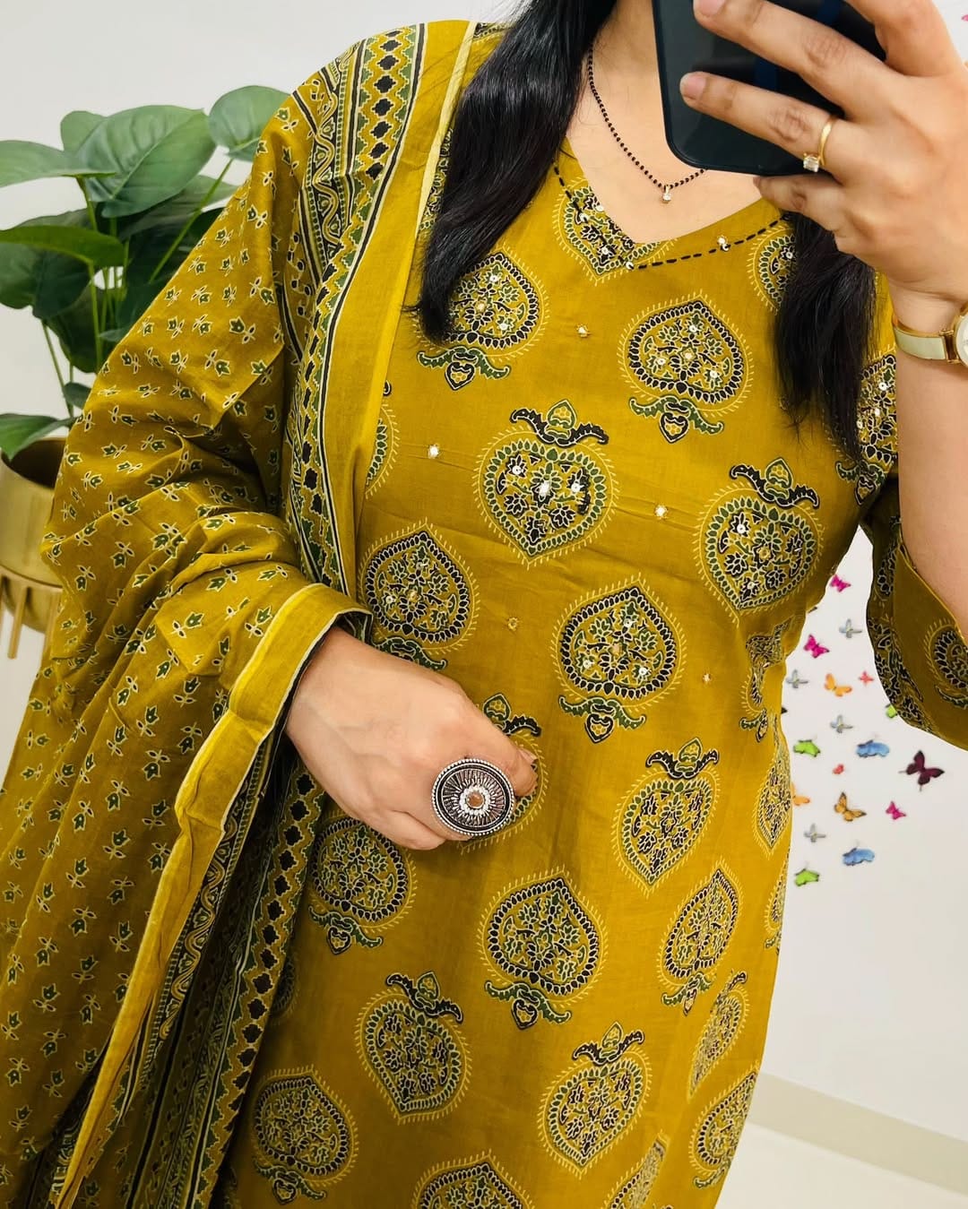 Mustard Yellow Printed Cotton  Straight Kurta Suit With Dupatta