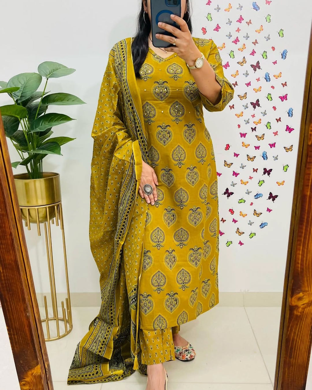 Mustard Yellow Printed Cotton  Straight Kurta Suit With Dupatta