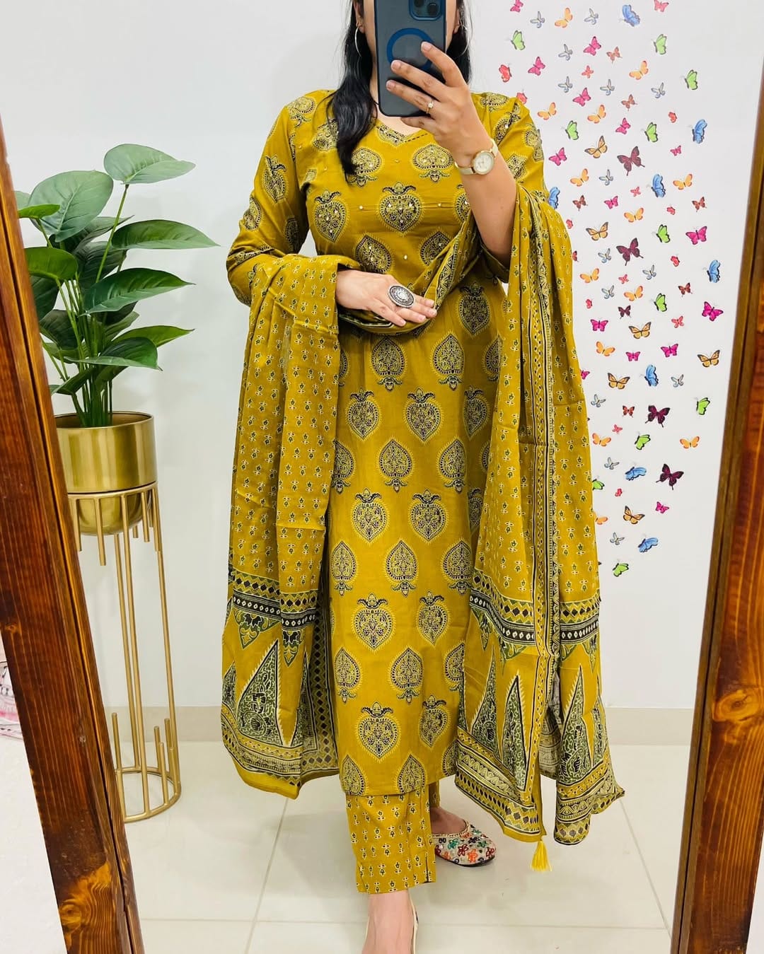 Mustard Yellow Printed Cotton  Straight Kurta Suit With Dupatta